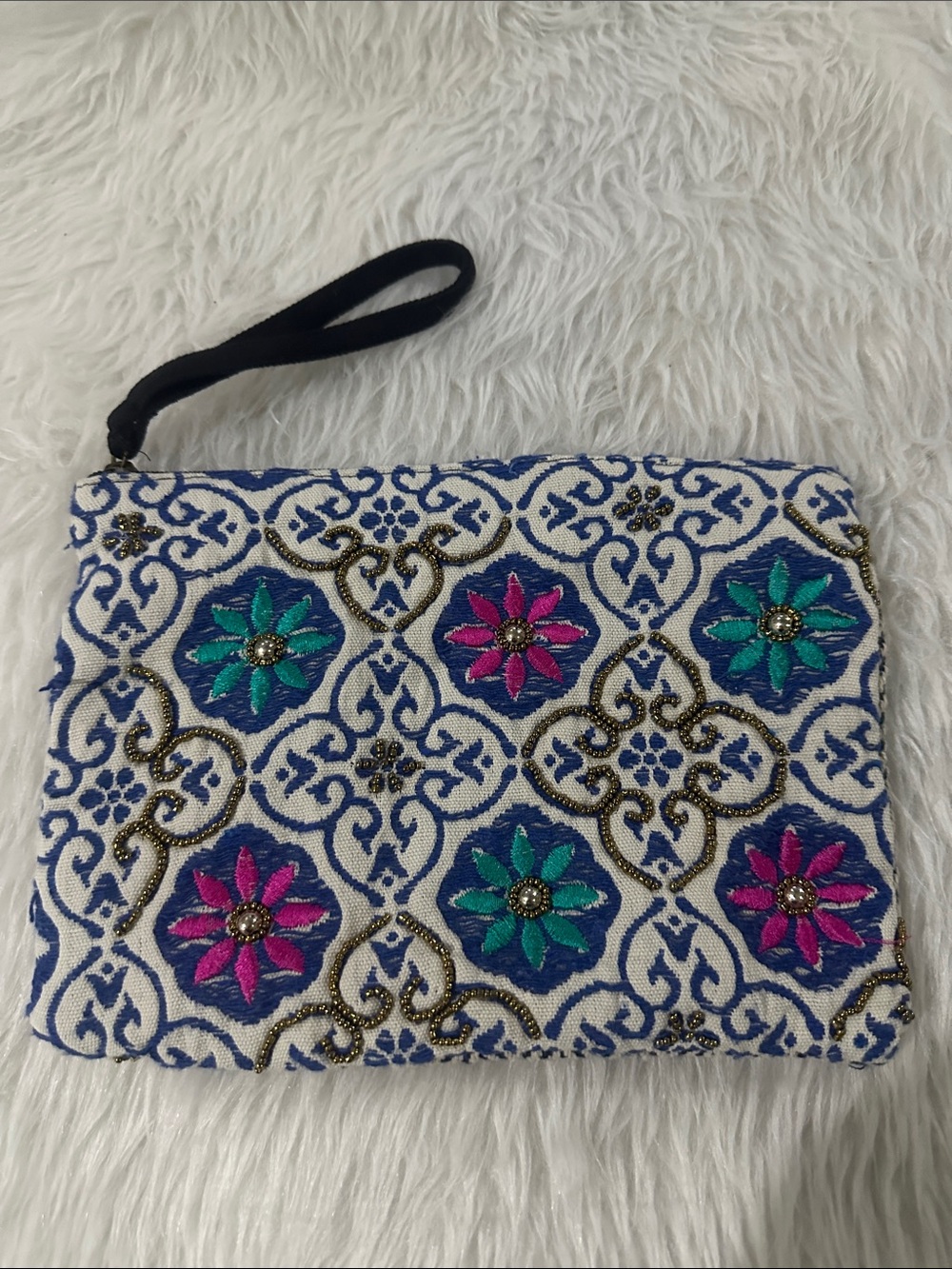 Embroidered Floral Wristlet Clutch in White with Pink & Teal Accents